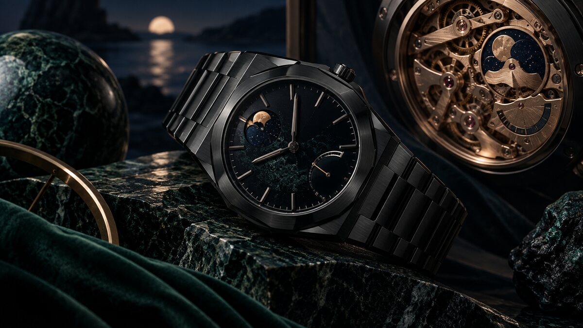 AI-generated illustration. An original unbranded black mechanical sports watch and pink-gold movement; not the F.P. Journe charity watch or product photograph.