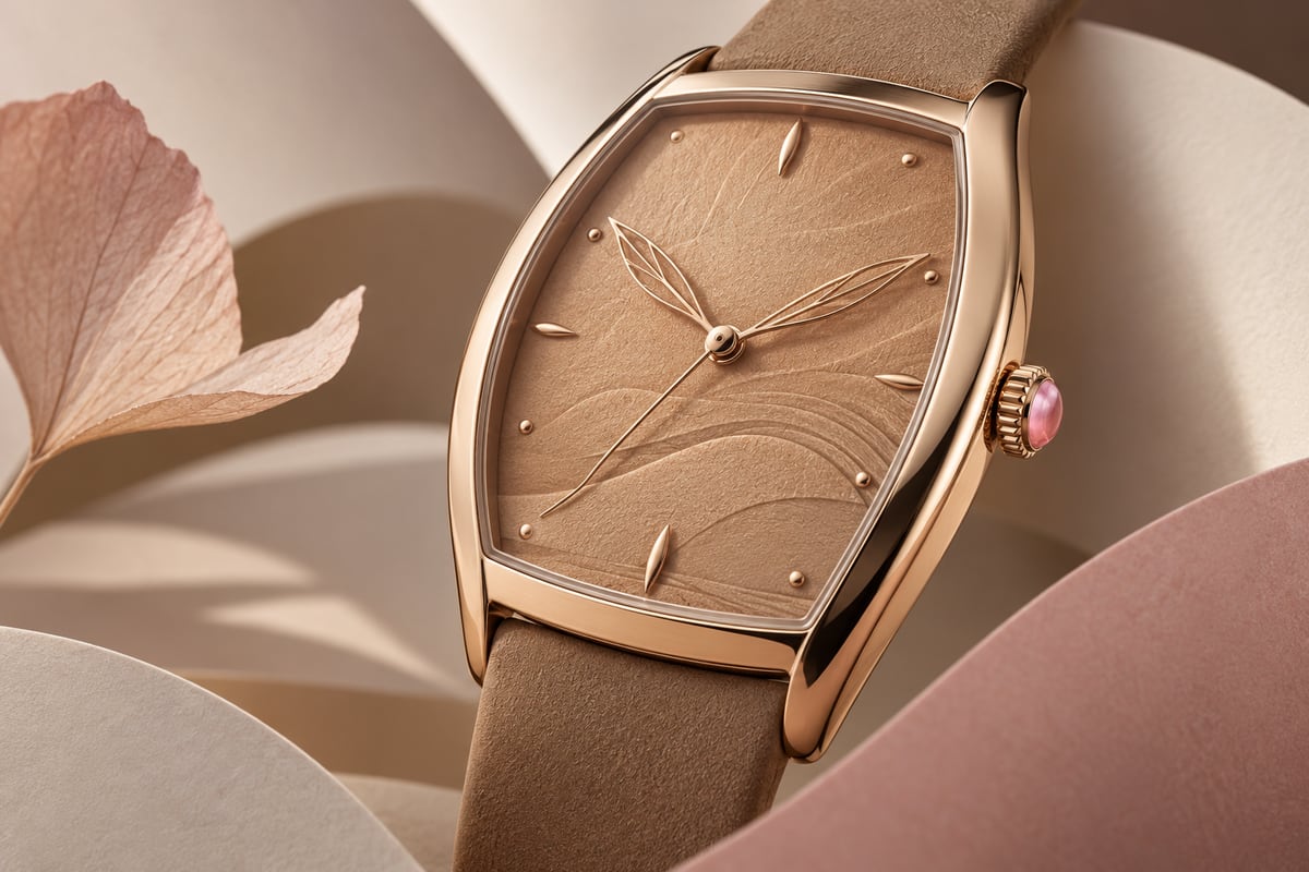 Original unbranded slim tonneau watch concept with camel dial and pink crown
