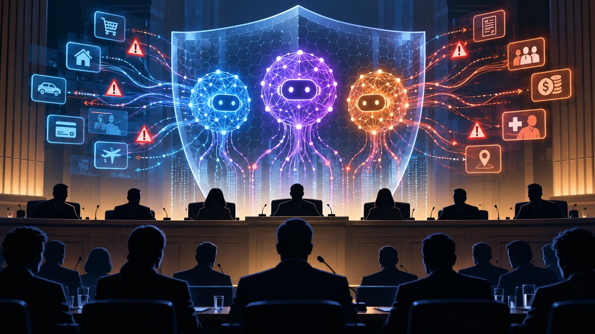 AI-generated illustration of a public hearing examining autonomous AI systems behind a cybersecurity shield; it is not a photograph of an FTC proceeding.