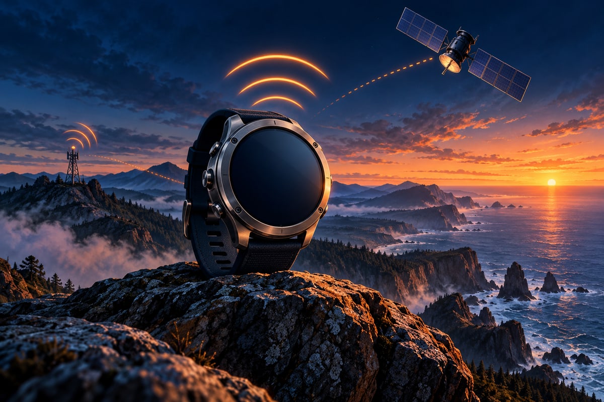 Fictional circular titanium watch with abstract signal arcs above a rugged coastline