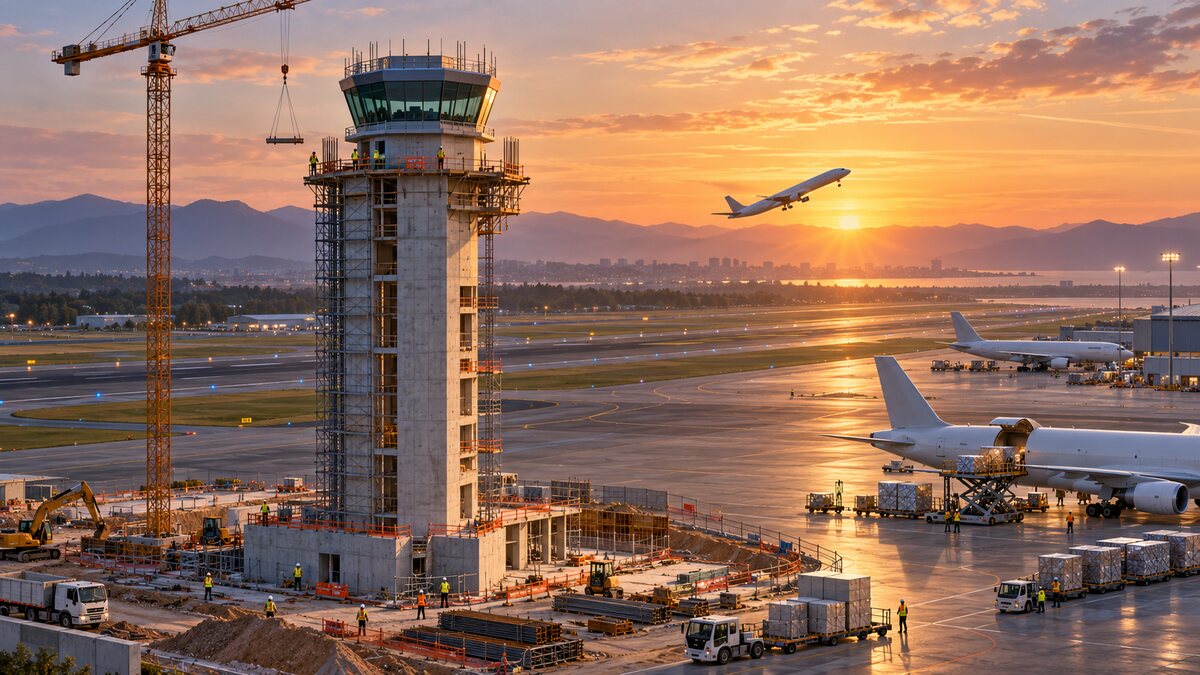 AI-generated illustration of a regional airport control tower under construction; it is not Gary/Chicago International Airport or the actual project.