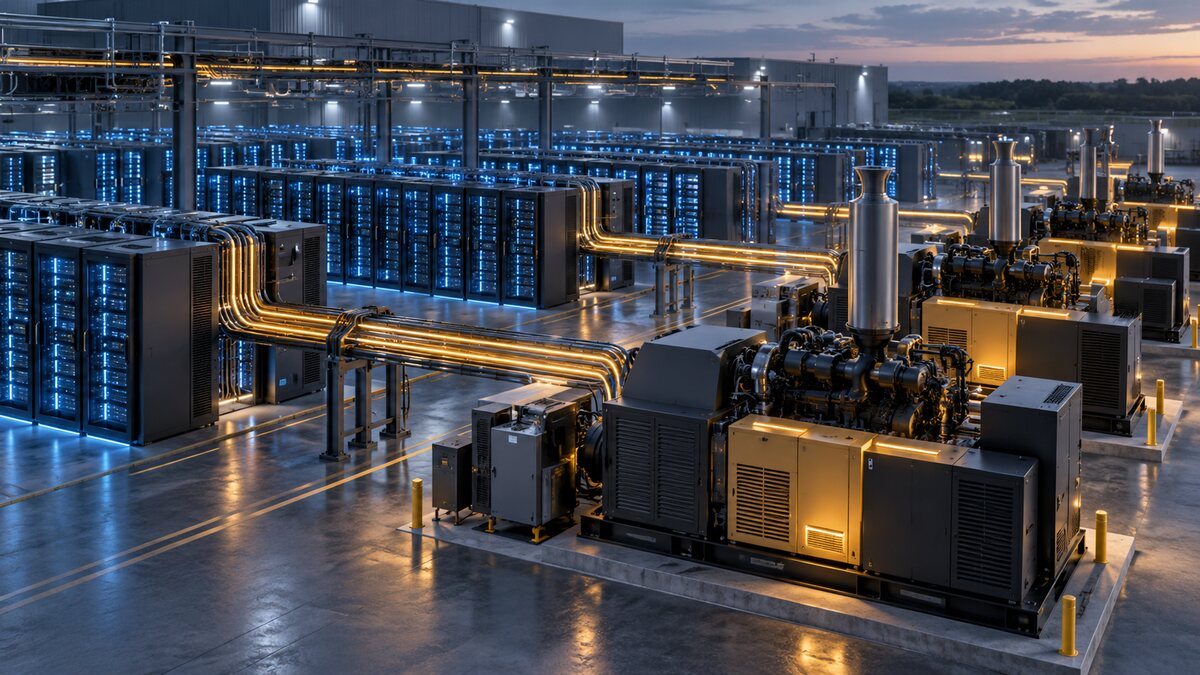 AI-generated illustration. Conceptual data-center racks and unbranded backup generators; not an Amazon facility or Generac equipment.