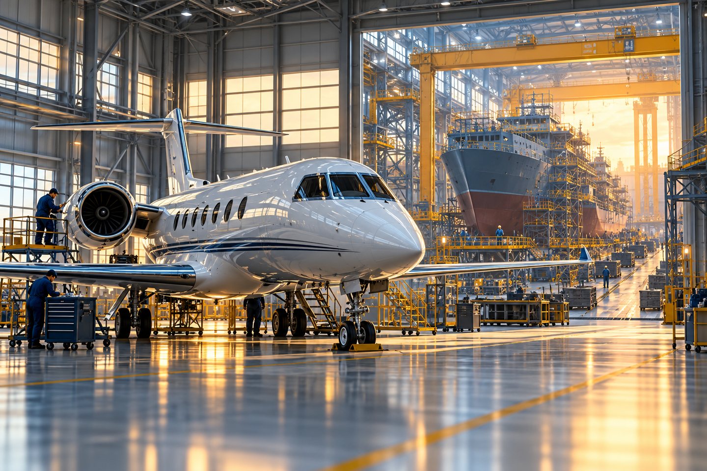 Conceptual business-jet hangar beside a large naval shipyard manufacturing hall