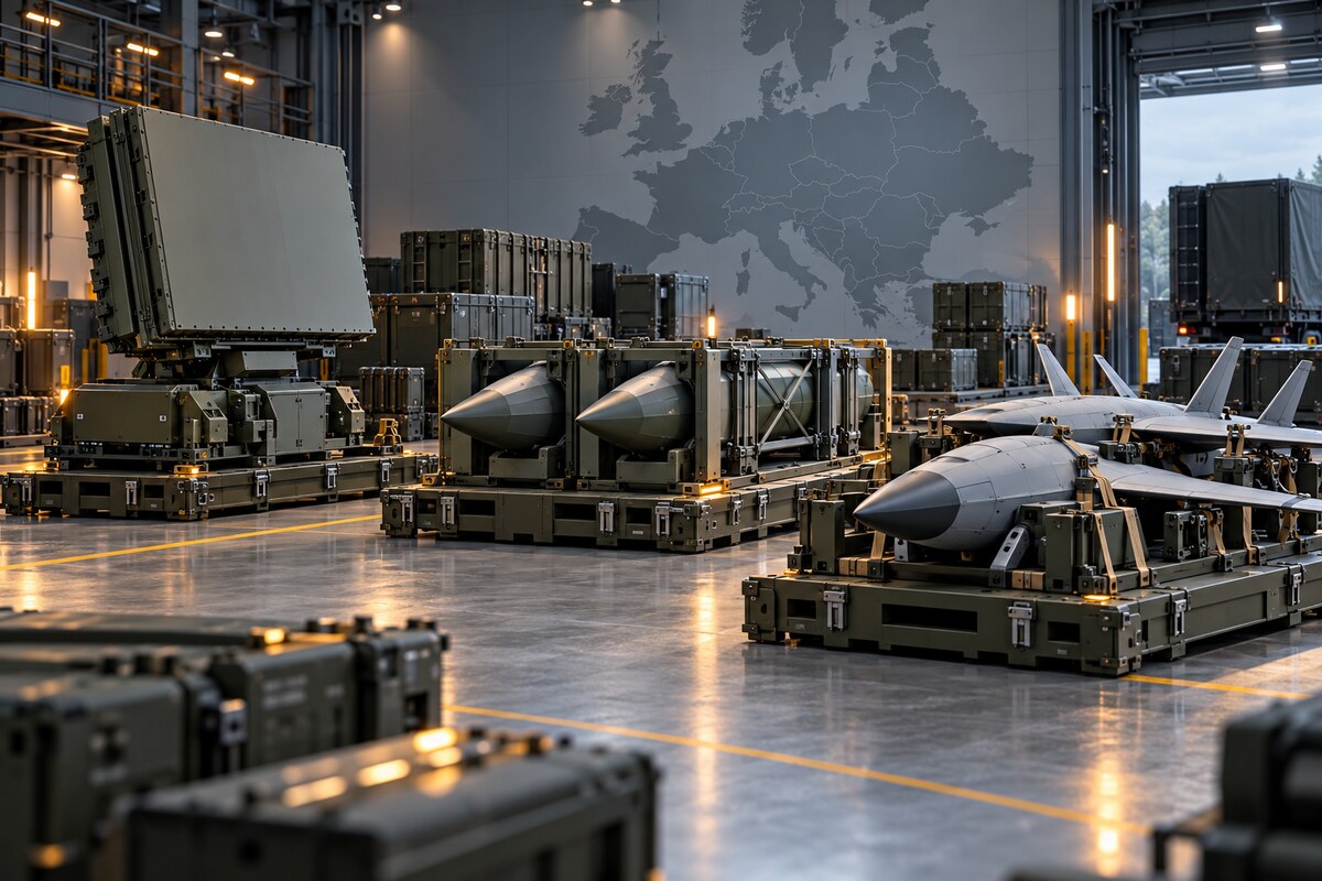 AI-generated illustration of a generic European defence-equipment hangar with radar and uncrewed systems; it is not a photograph of the German-Ukrainian agreements.