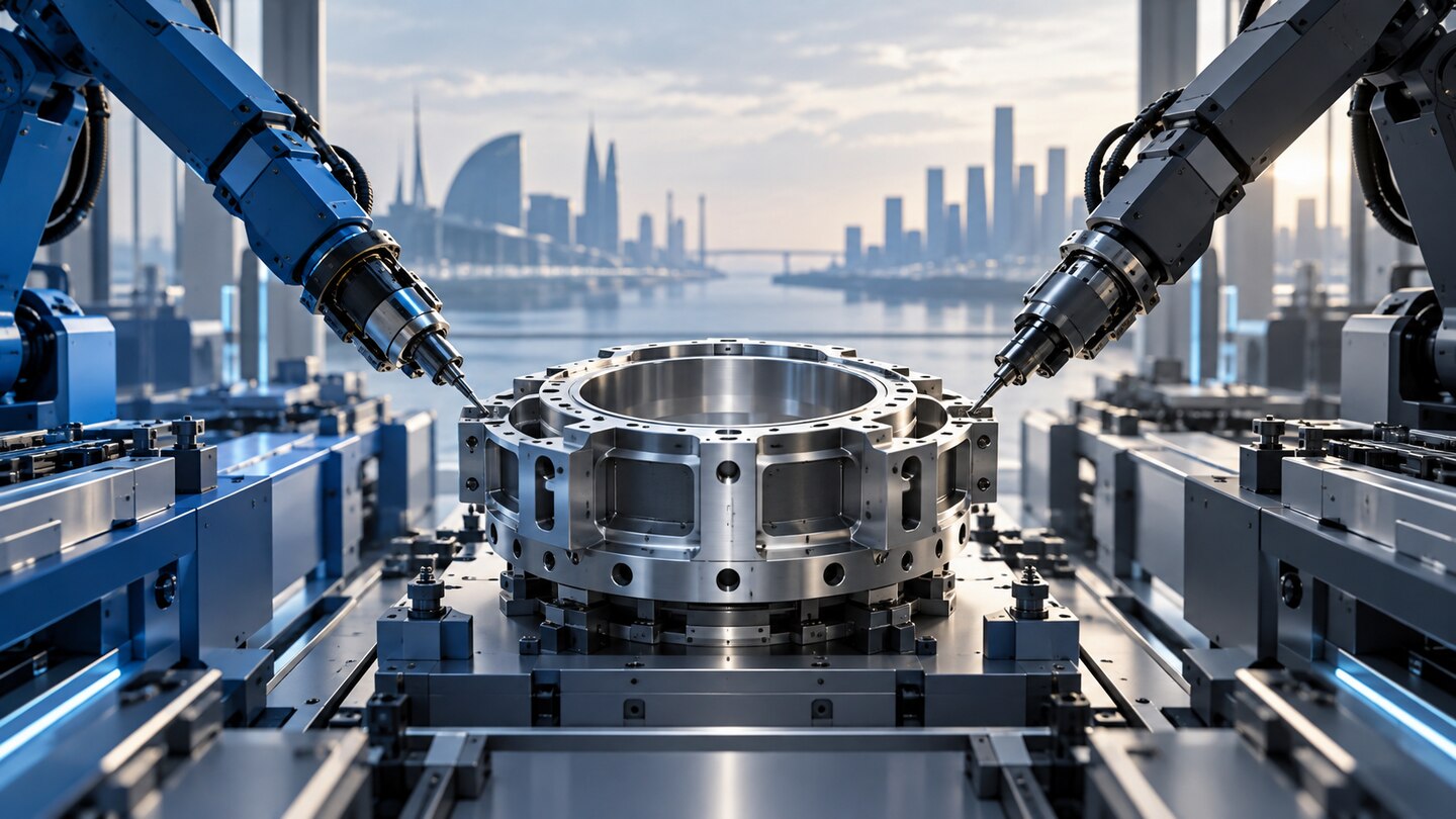 AI-generated illustration. Conceptual precision-manufacturing lines meeting at a shared component; not a facility, agreement ceremony or weapon.