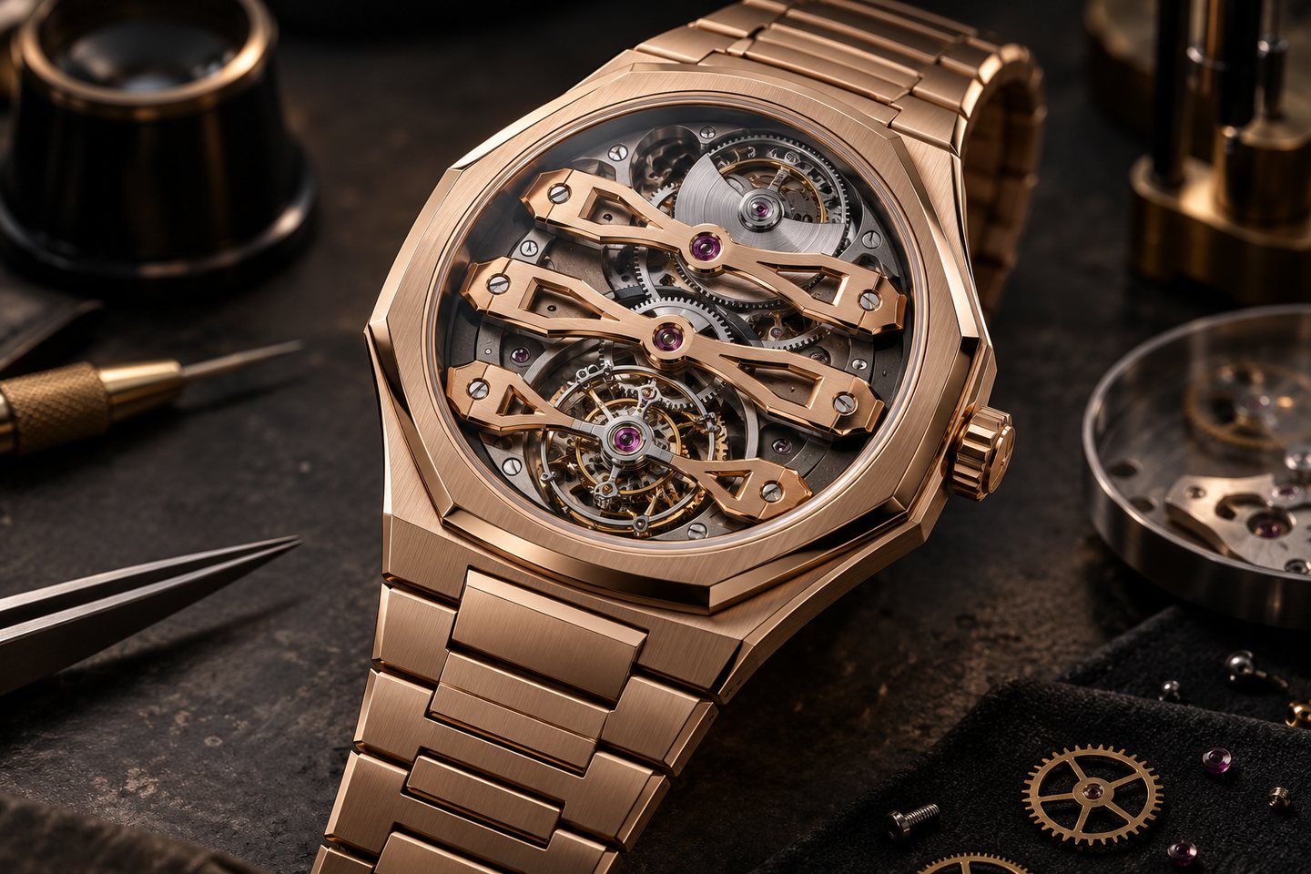 Original fictional haute-horlogerie watch with three rose-gold bridges on a dark atelier bench