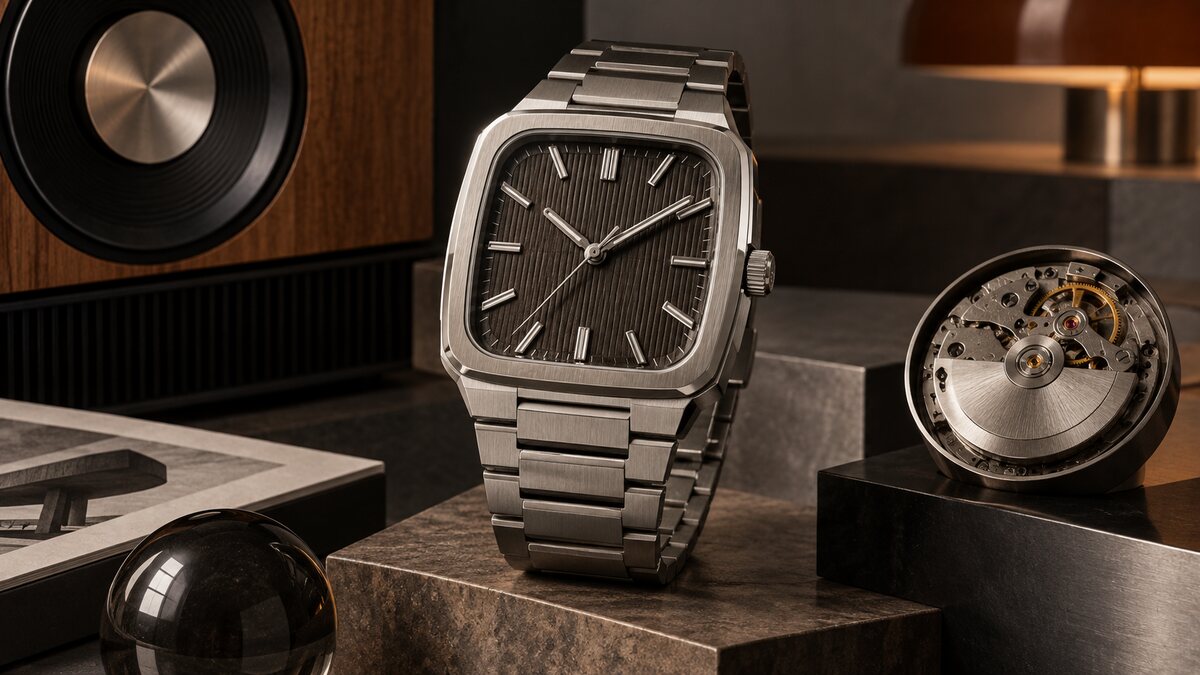 AI-generated illustration. Original unbranded square mechanical watch on a 1970s hi-fi set; not a Glashütte Original watch or official product photograph.
