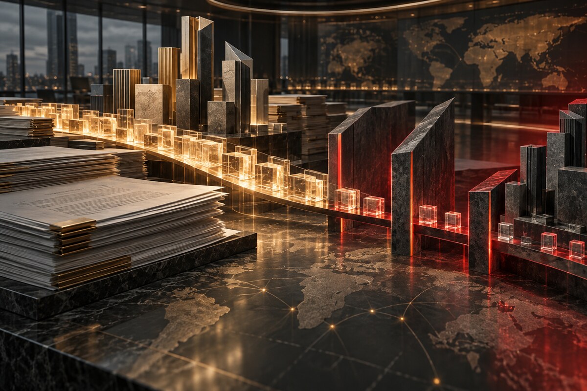 AI-generated illustration of large corporate transaction blocks narrowing into a slower deal pipeline; it is not a photograph of a specific merger.