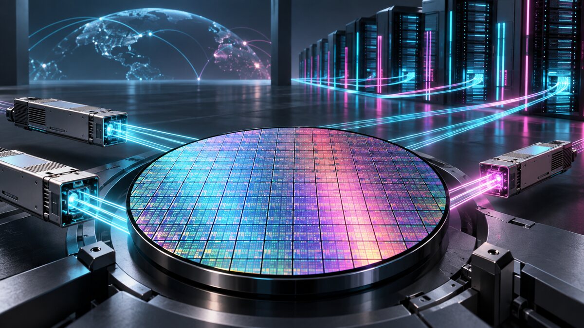 AI-generated illustration. A semiconductor wafer and optical modules linked to data-center racks; not a GlobalFoundries clean room or Marvell product.
