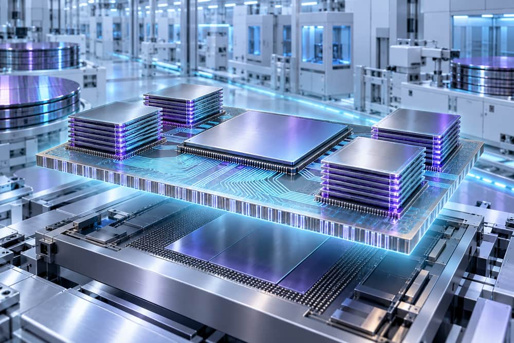 AI-generated illustration of a silicon interposer linking an AI processor and memory stacks in a cleanroom; it is not a photograph of GlobalFoundries or TSMC equipment.