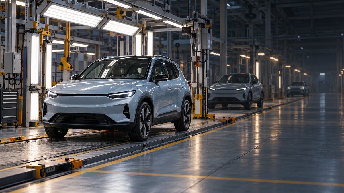 AI-generated illustration of a generic compact electric crossover on a slowed assembly line; it is not a photograph of GM's plant or the Chevrolet Bolt.