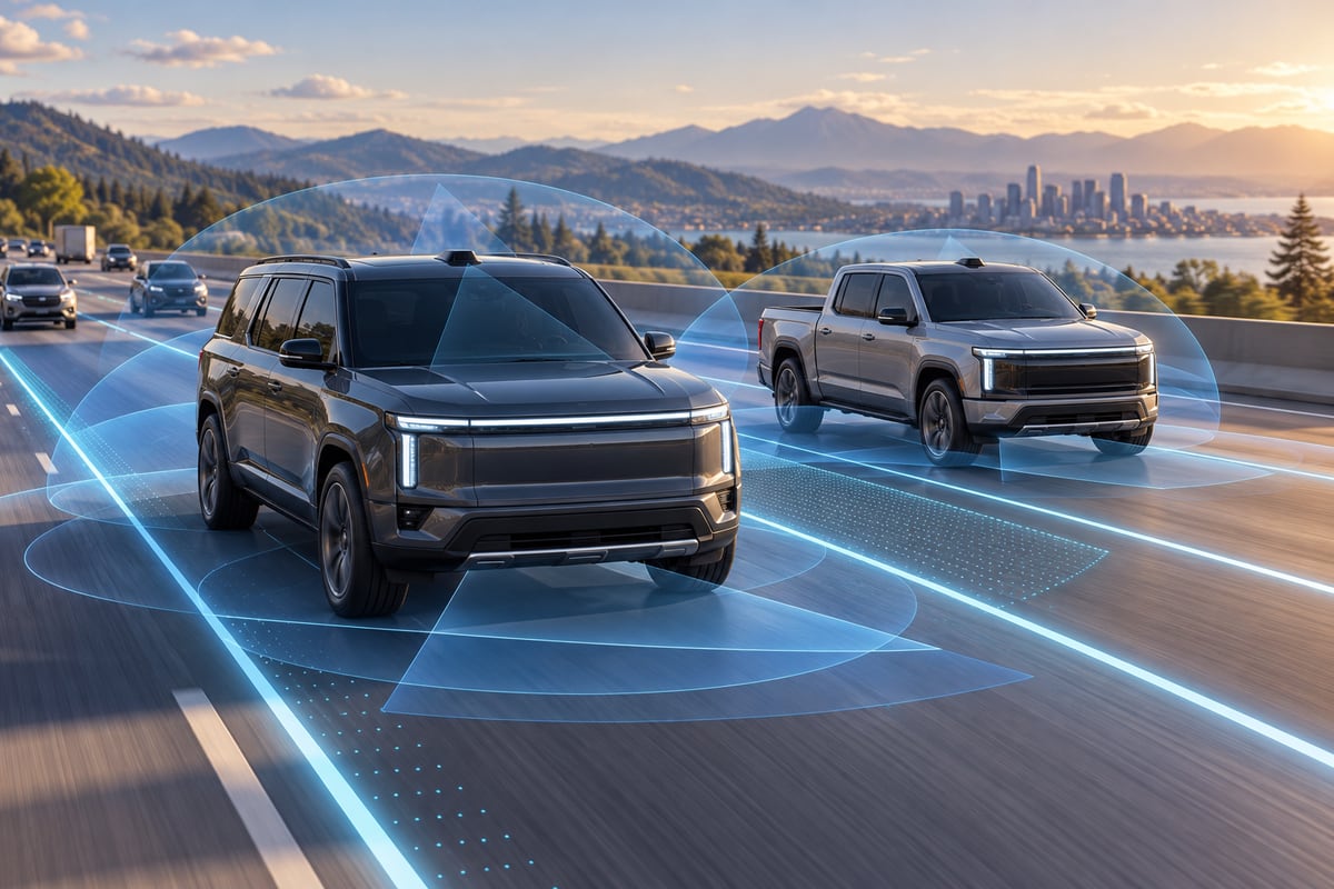 Original conceptual unbranded SUV and pickup using sensor-assisted highway driving