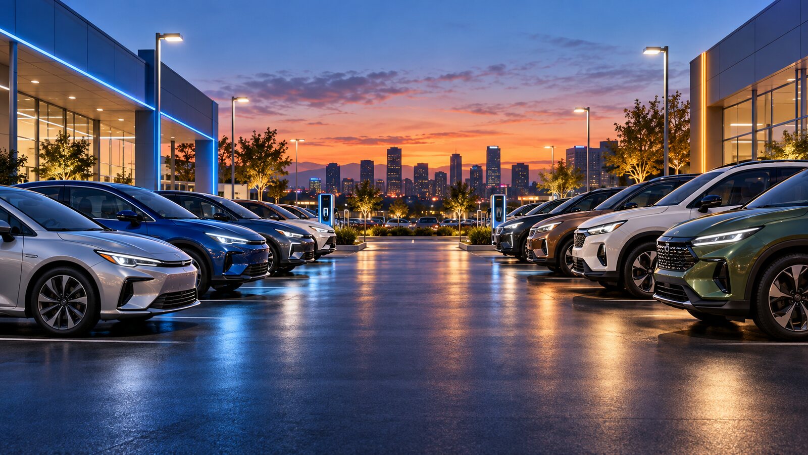 AI-generated illustration of two fictional hybrid vehicle lineups facing a shared dealership lane at dusk; it is not a photograph of GM, Toyota or actual models.