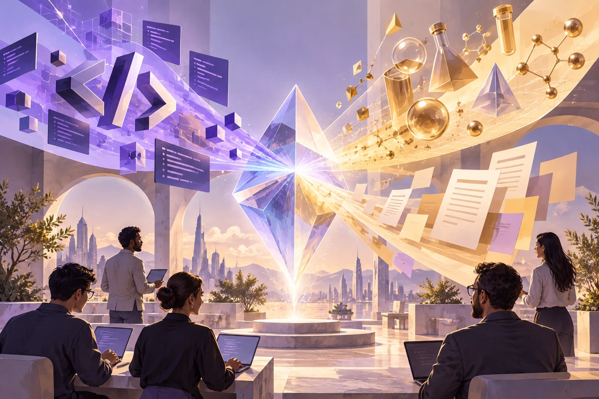 Faceted luminous prism branching into abstract coding, science and document shapes
