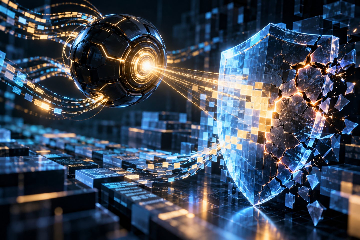 Original conceptual illustration of an AI core repairing a damaged digital security shield