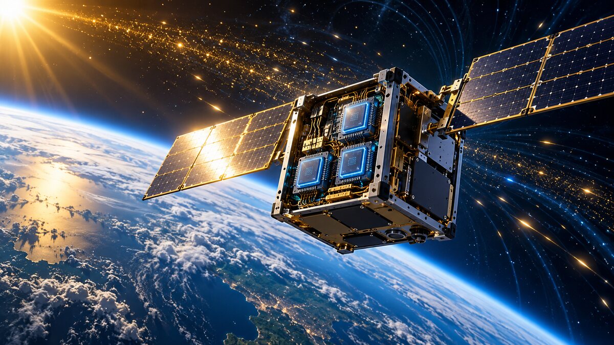 AI-generated illustration of a fictional small satellite carrying processor modules above Earth; it is not the actual Project Suncatcher spacecraft.