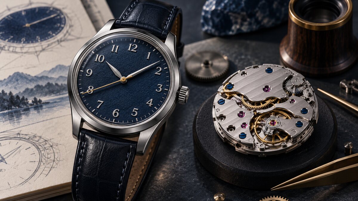 AI-generated illustration. An original unbranded blue-dial mechanical dress watch beside movement components; not the Grand Seiko SBGW325.