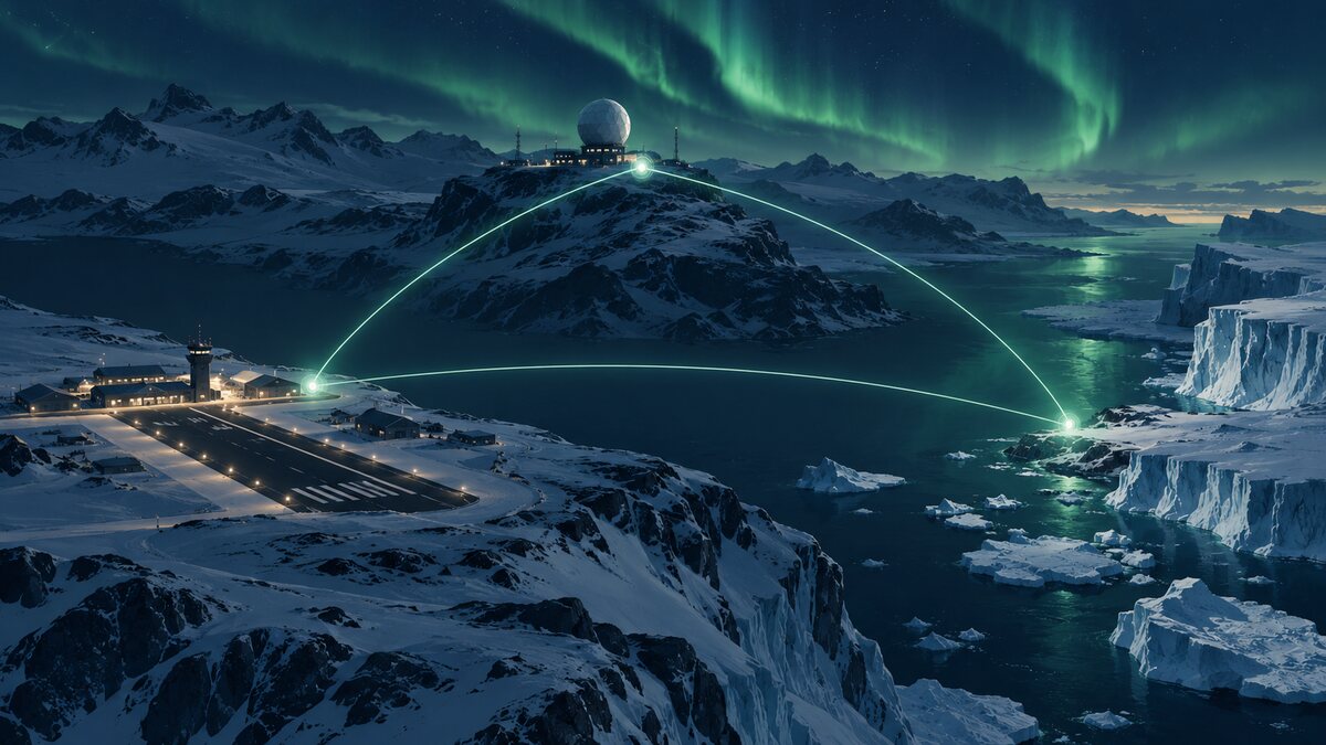 AI-generated illustration. An Arctic airfield, radar dome and ice coast joined by diplomatic light paths; not a Greenland installation or military operation.