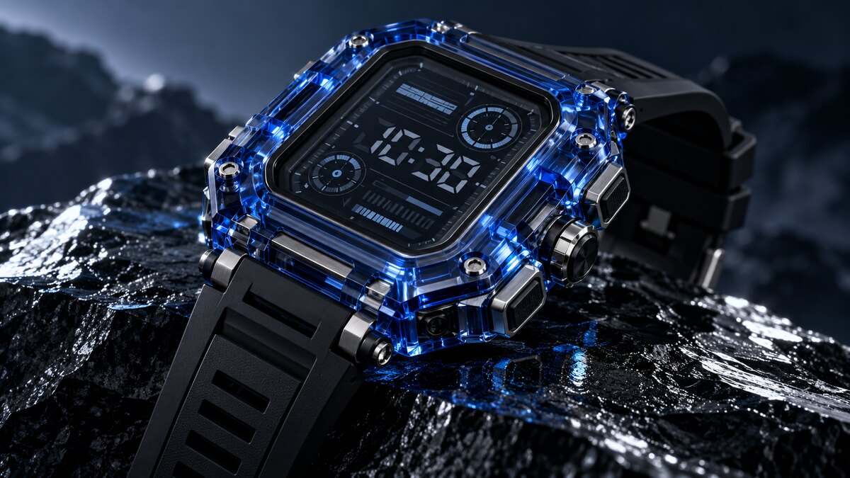 AI-generated illustration of a fictional square digital sports watch with a translucent blue sapphire case; it is not an official G-SHOCK product photograph.