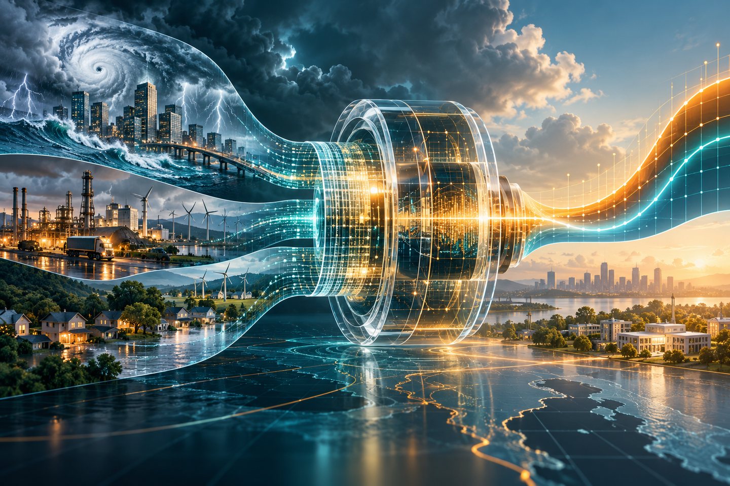 Original conceptual illustration of insurance risks flowing through a transparent actuarial AI engine