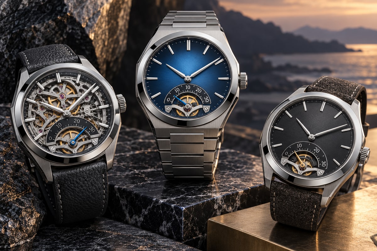 AI-generated illustration of three fictional steel watches with retrograde-seconds displays; it is not a photograph or reproduction of H. Moser models.