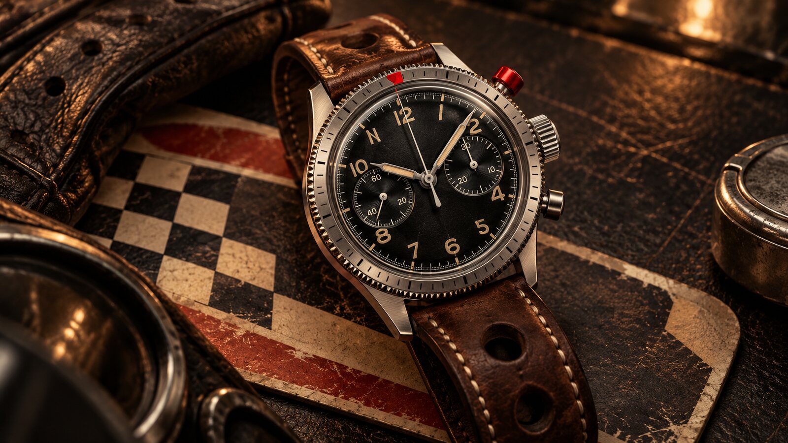 AI-generated illustration of a fictional vintage-inspired flyback chronograph on a leather workbench; it is not an official Hanhart product photograph.