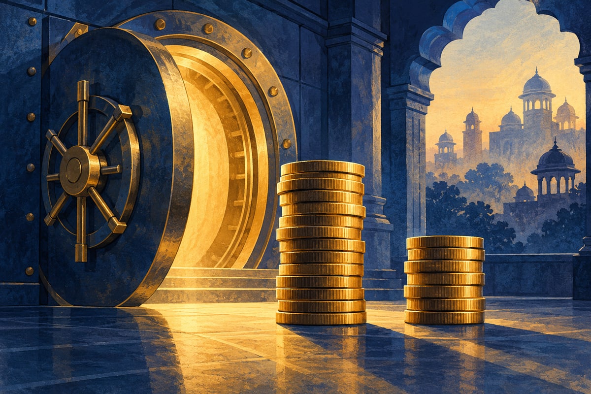 Conceptual bank vault and coin stacks representing quarterly financial results
