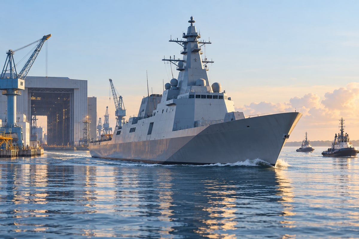 Conceptual angular destroyer leaving a Gulf Coast shipyard for sea trials