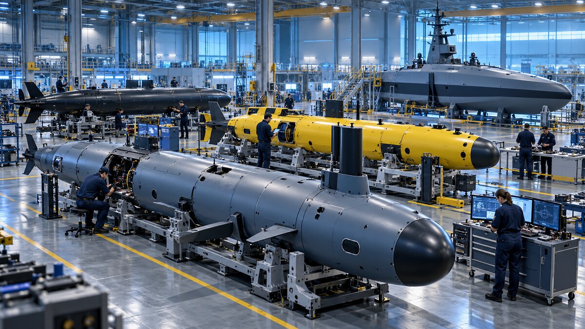 AI-generated illustration of unbranded underwater and surface drones on a factory floor; it is not a photograph of HII's Pocasset facility or Lionfish vehicle.