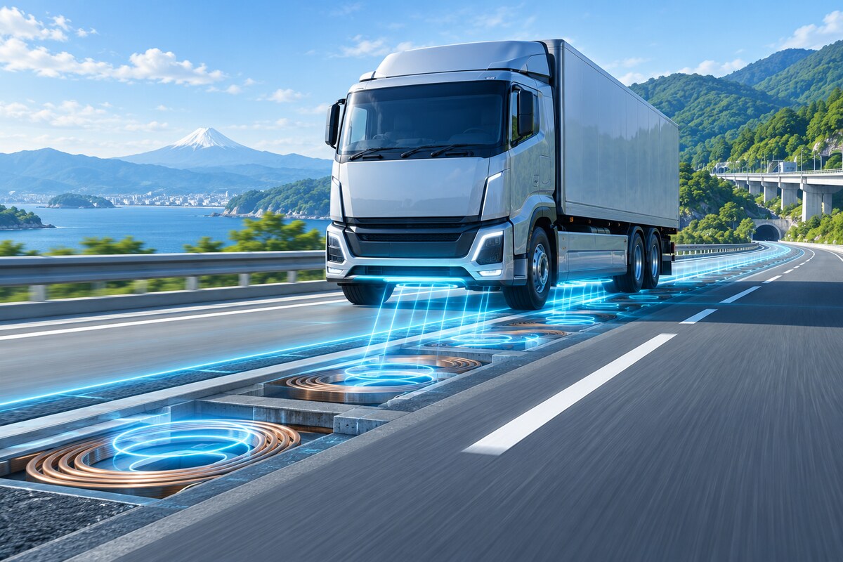 AI-generated illustration of an electric truck receiving power from coils embedded in a Japanese highway; it is not a photograph of Honda's planned test.