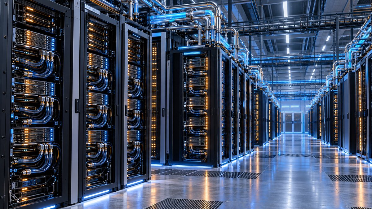 AI-generated illustration of liquid-cooled AI server racks in a hyperscale data centre; it is not a photograph of HPE or Vultr facilities.