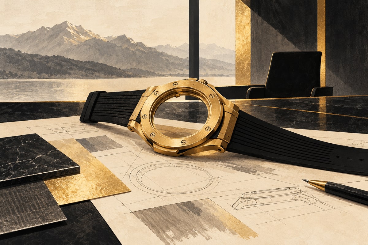 Conceptual gold watch case and rubber strap on an abstract strategy board