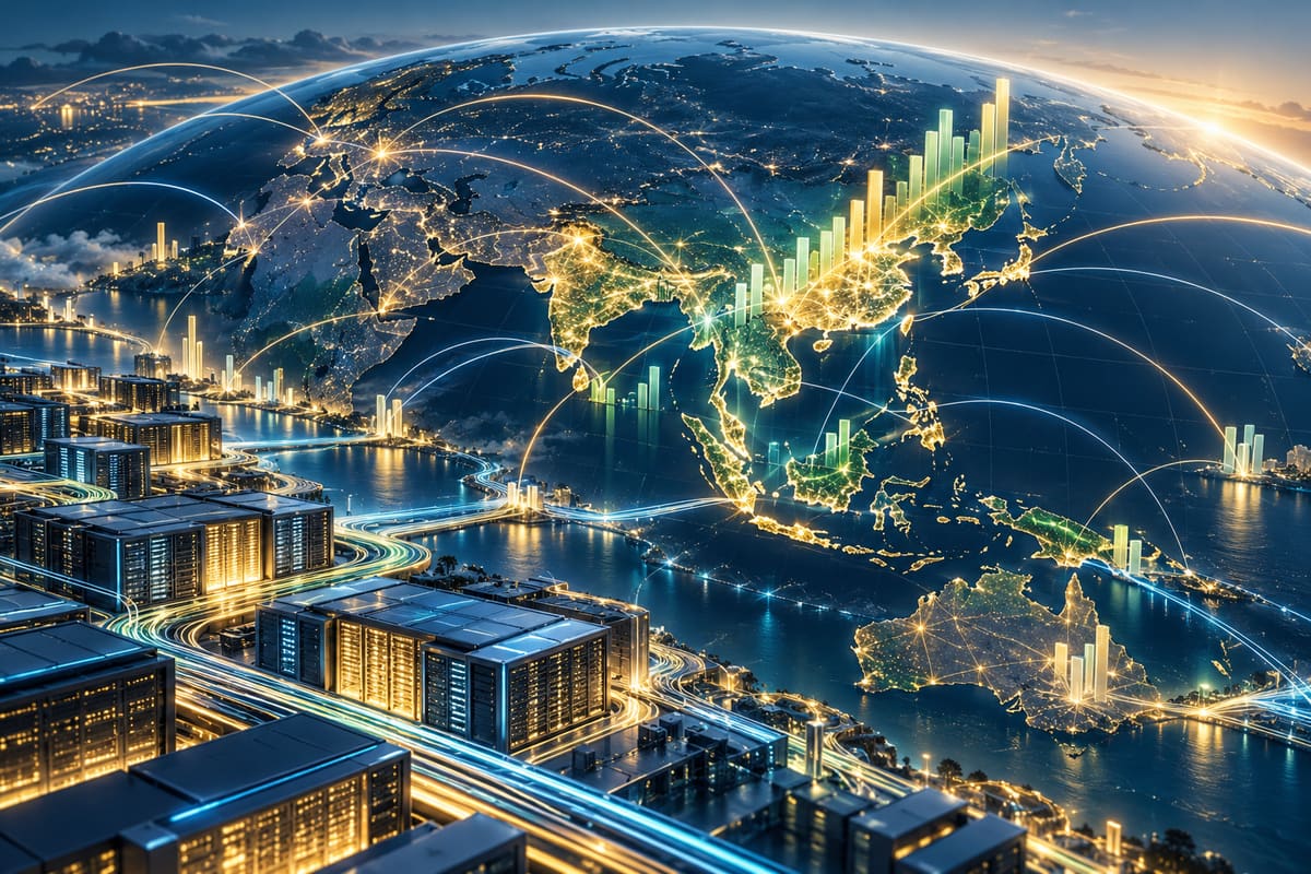 Conceptual illustration of AI infrastructure and economic connections centred on Asia