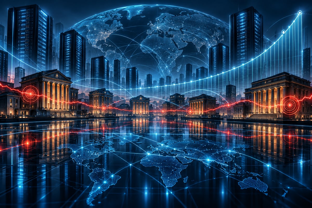 Conceptual financial network connecting data centres, bond markets and banks