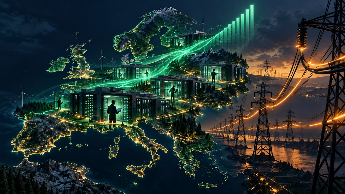 AI-generated illustration. A stylized European landform with data centers, workers and heavily loaded power lines; not an IMF chart or real grid.