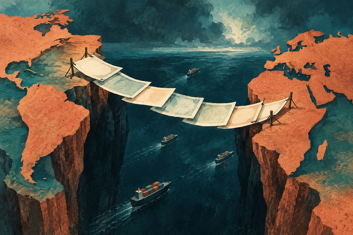 Abstract paper bridge between land masses above a dark financing gap