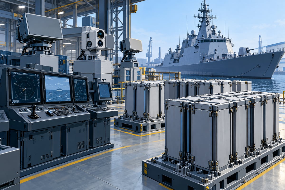 AI-generated illustration of generic naval control consoles and sealed launch modules in a factory; it is not a photograph of BrahMos equipment or an Indian Navy facility.