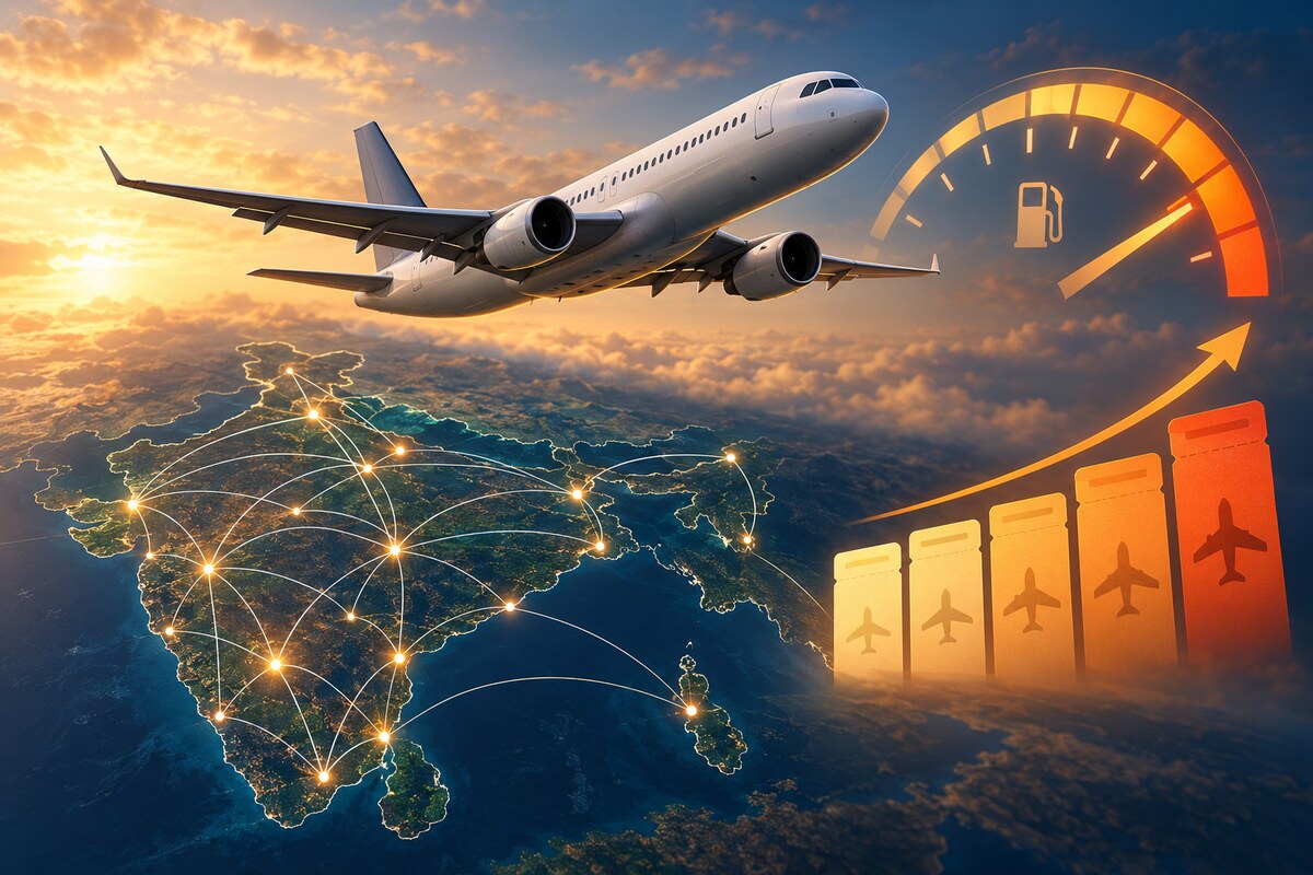 AI-generated illustration of an unbranded airliner above India with a fuel-cost gauge; it is not a photograph of an IndiGo aircraft or fare announcement.