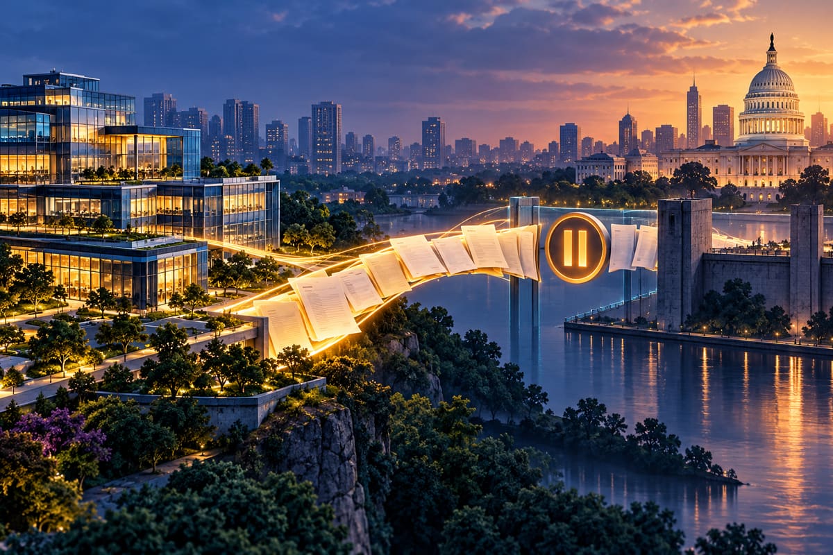 Conceptual illustration of a technology campus connected to a paused US employment paperwork route