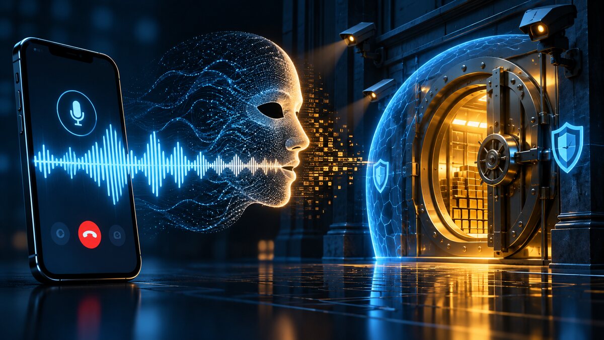 AI-generated illustration of a synthetic voice waveform approaching a digital bank vault; it is not evidence from the Intesa fraud case.