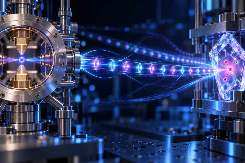 AI-generated scientific illustration of a trapped-ion qubit linked by photons to a silicon-vacancy quantum memory; it is not an official IonQ diagram.