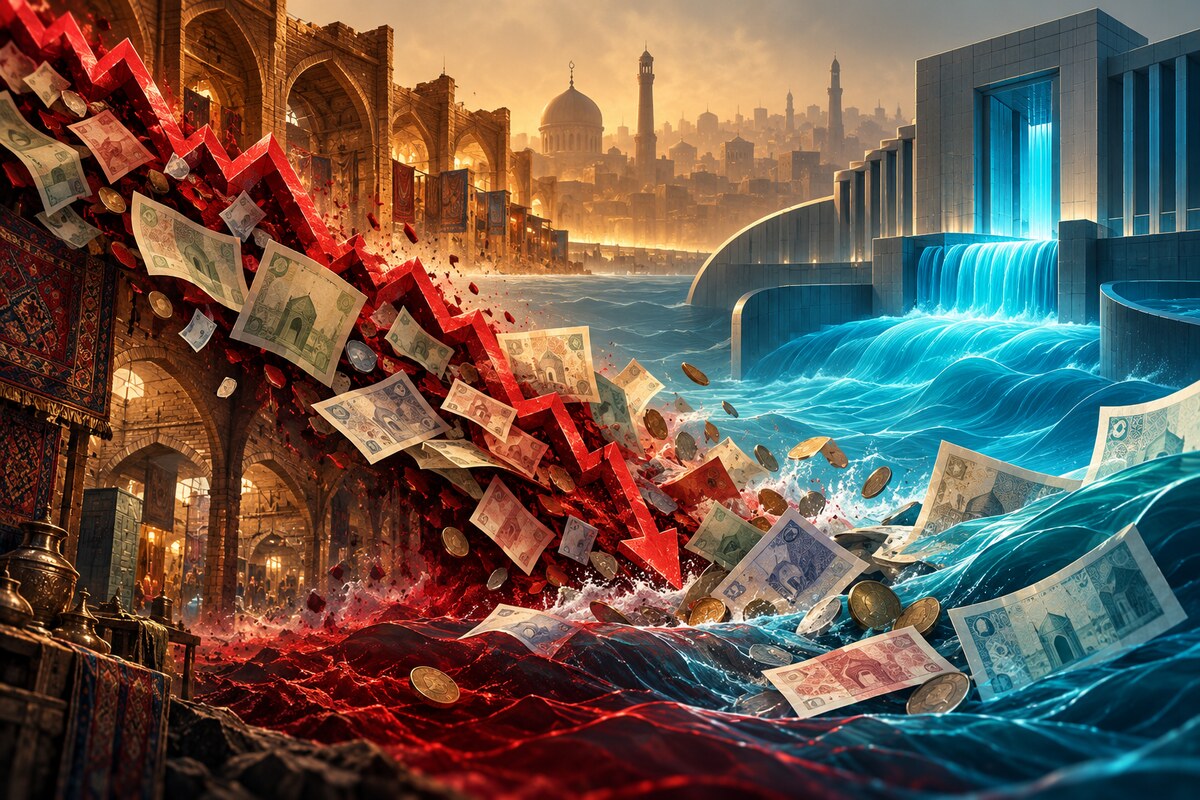 AI-generated illustration of generic banknotes caught between a falling red curve and a blue stabilising flow beside an abstract bazaar; it is not a photograph of Iran's currency market.