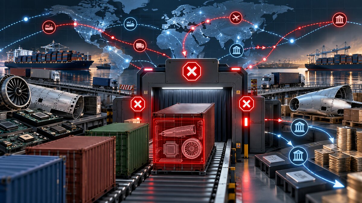 AI-generated illustration of containers, electronics and aircraft parts passing through a sanctions-screening checkpoint; it is not a photograph of the named parties.