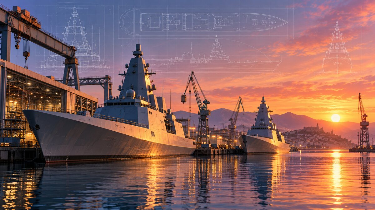 AI-generated illustration of two fictional naval destroyer silhouettes in a shipyard; it is not an official DDX design or photograph.