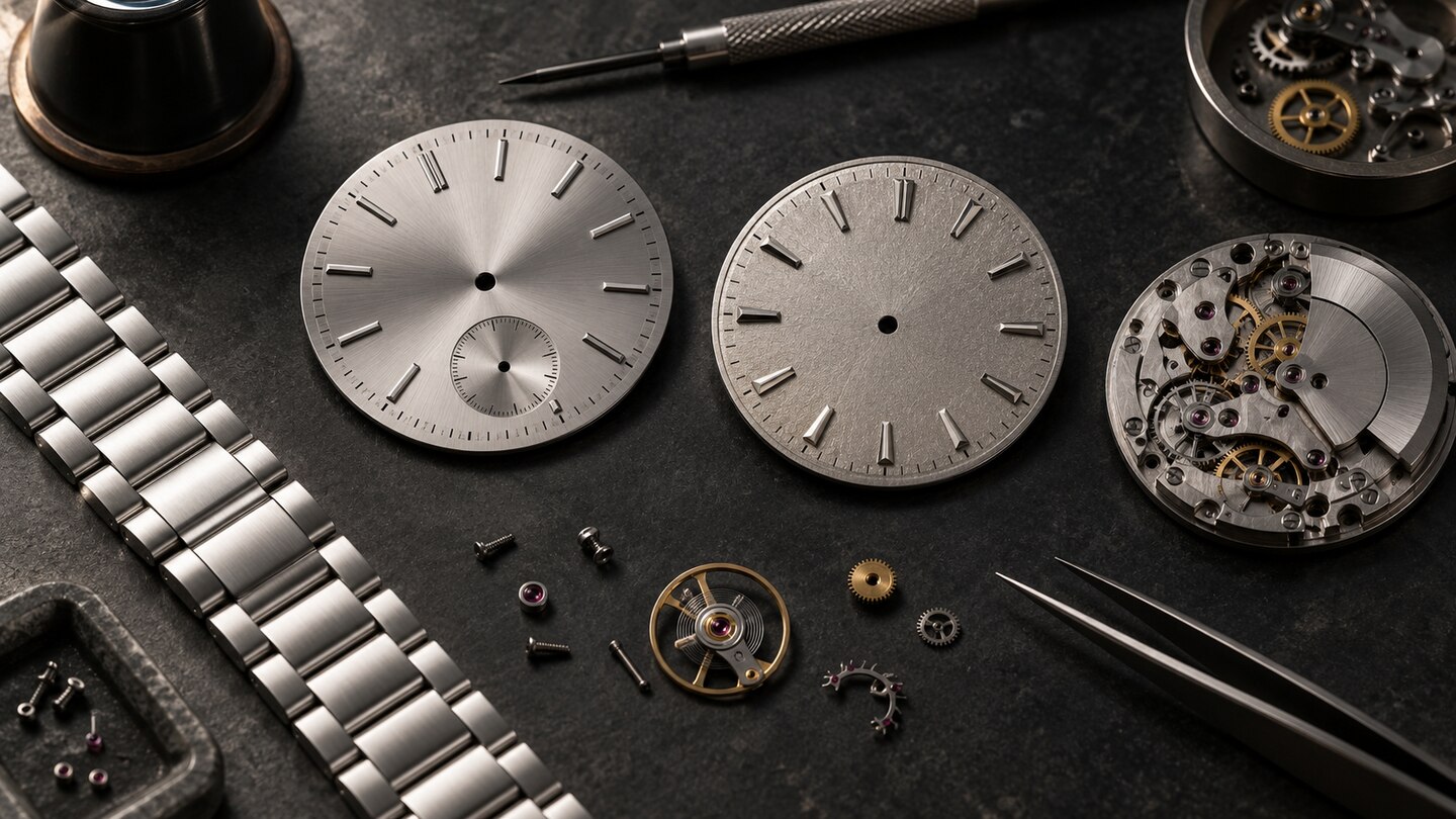 AI-generated illustration. Conceptual brushed watch dials, bracelet and movement parts; not either IWC Ingenieur anniversary edition.