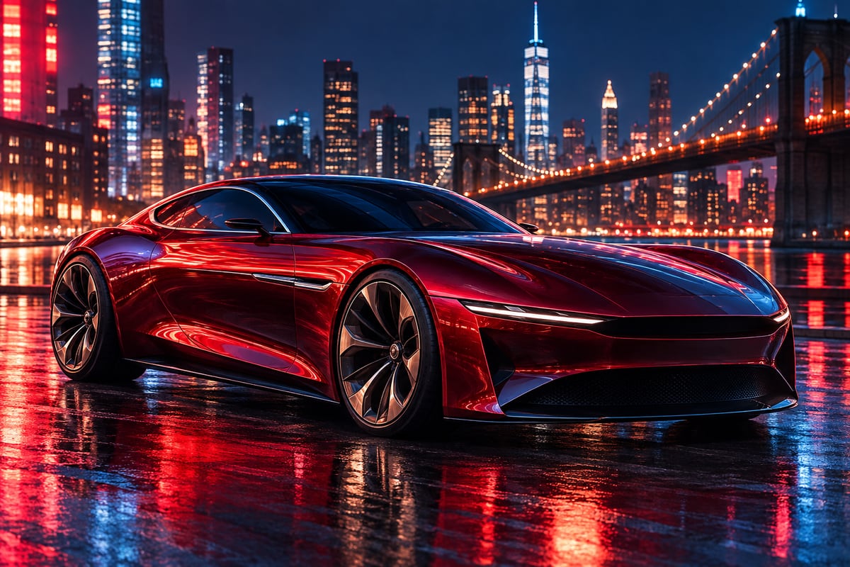 AI-generated illustration of a fictional red electric grand tourer in New York; it is not a photograph or official rendering of the Jaguar Type 01.