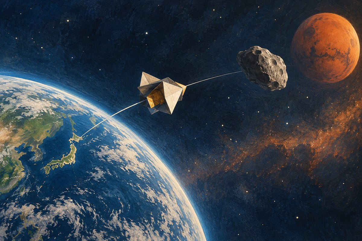 Folded-paper spacecraft leaving Earth toward an irregular moon and a red Mars disc