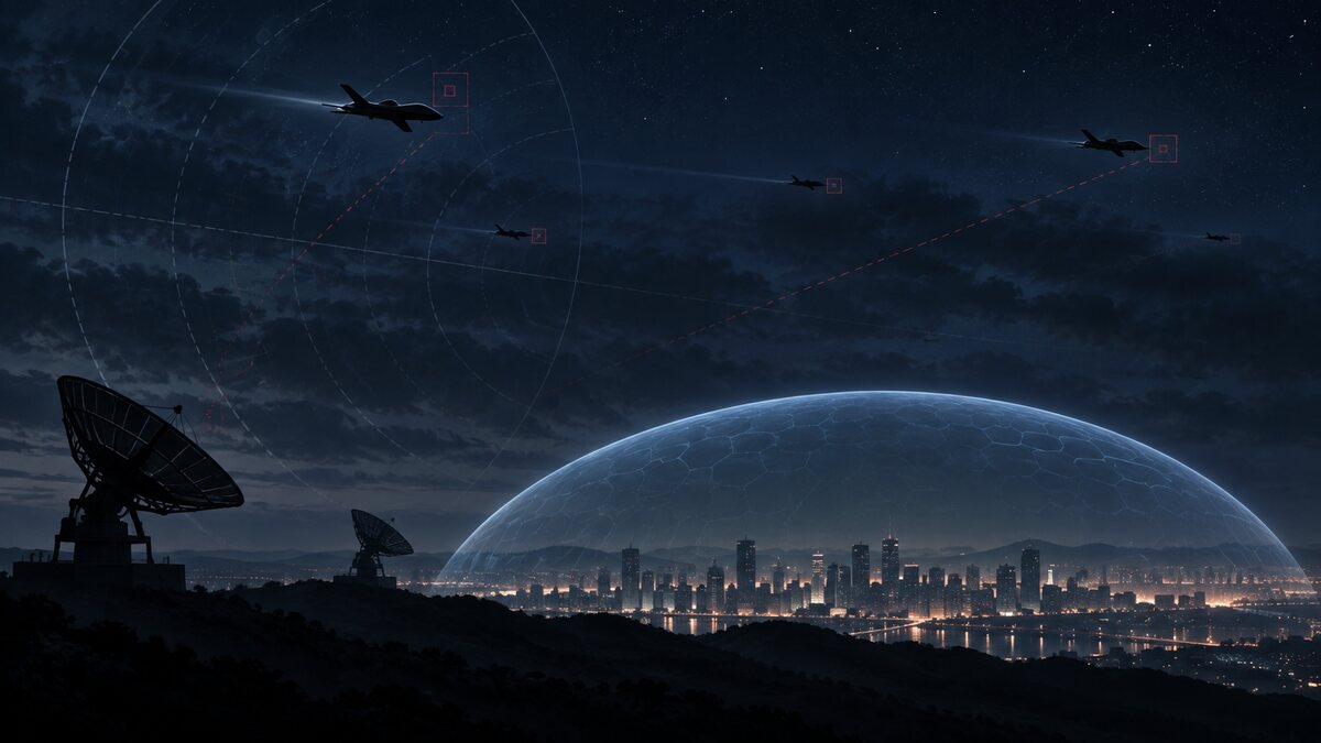 AI-generated illustration. Generic small unmanned aircraft fly high above an abstract protected city; it does not depict a real attack or exact drone design.