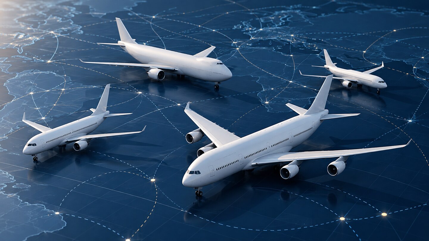AI-generated illustration. Conceptual unbranded commercial-aircraft models on a route grid; not Korean Air aircraft or a depiction of the ordered fleet.