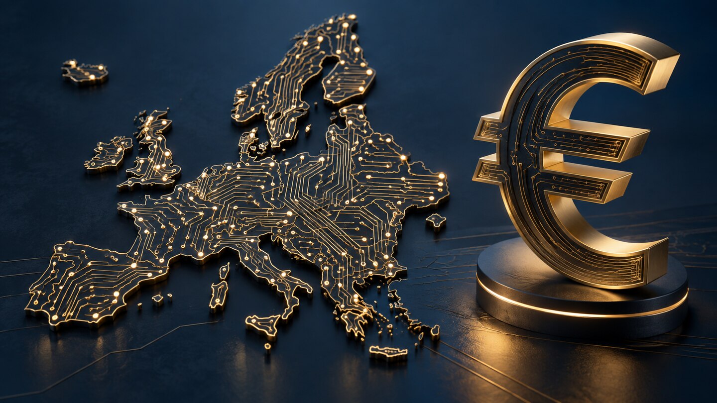 AI-generated illustration. Conceptual European circuitry map beside a euro sculpture, illustrating AI investment.
